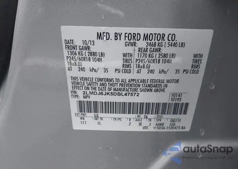 2013 Lincoln Mkx из США, поврежденный, VIN 2LMDJ6JK5DBL47572